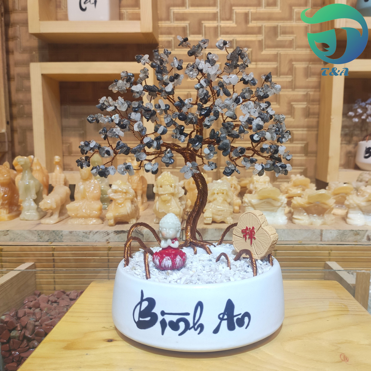 Cây đá thạch anh tóc đen nghệ thuật tự nhiên cầu tài lộc may mắn dùng để trang trí cỡ trung