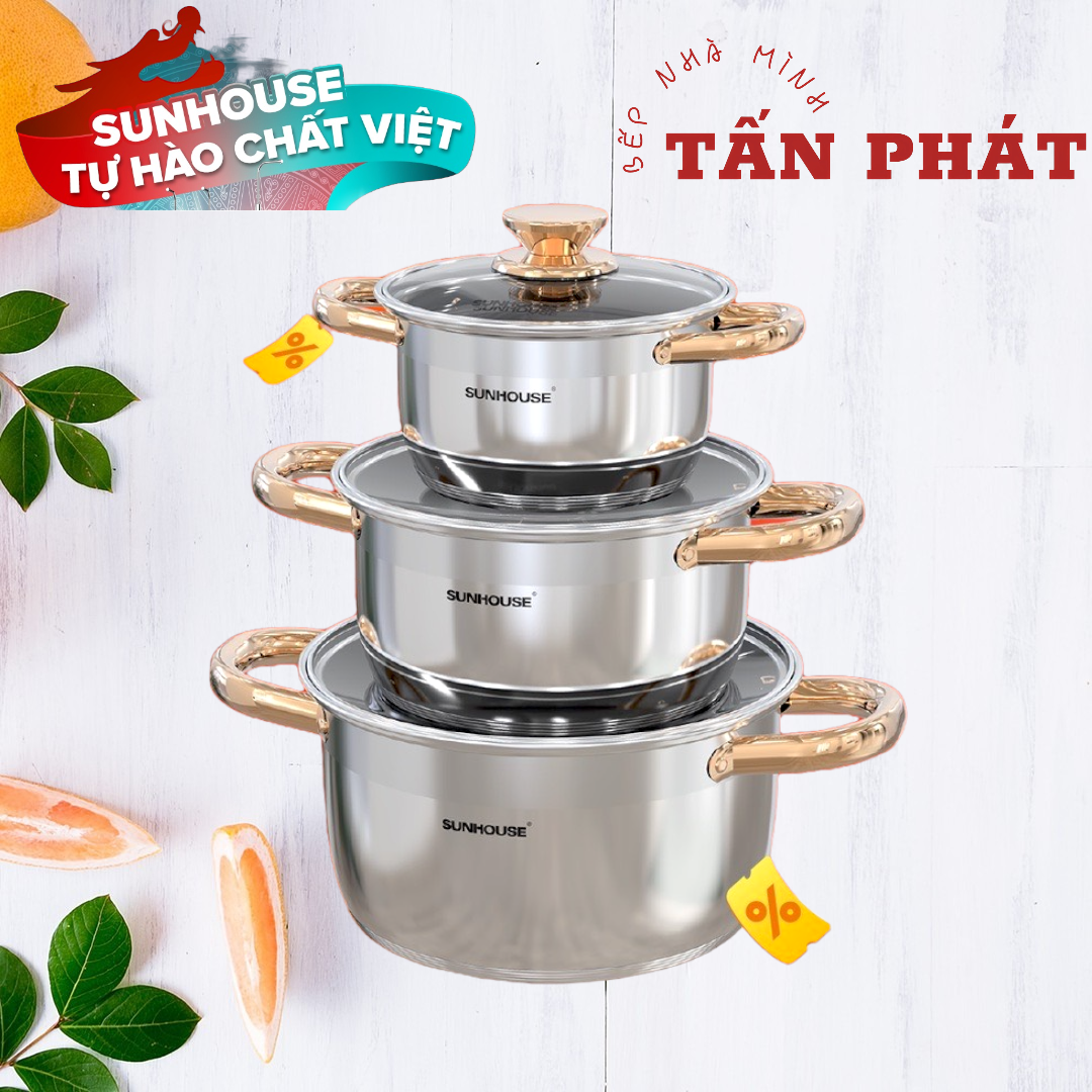 Bộ 3 nồi inox 5 đáy Sunhouse SH781 16-20-24cm chính hãng dùng trên mọi loại bếp