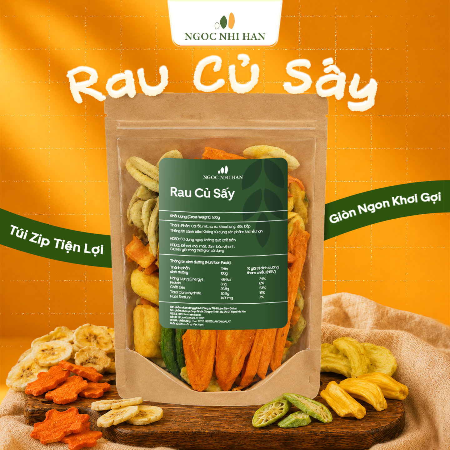 Rau Củ Sấy Giòn Thập Cẩm Ngọc Nhi Hân Túi Zip 500g - Thập Cẩm Sấy Giòn, Ăn Vặt Tiện Lợi