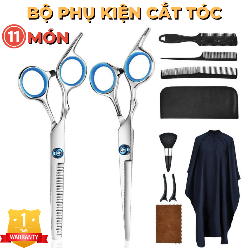 Bộ kéo cắt tỉa tóc cao cấp 11 món - Bộ phụ kiện cắt tóc cho bé và gia đình, kéo cắt tóc nam nữ, kéo tỉa tóc, lược,  tỉa lông chó mèo, thú cưng