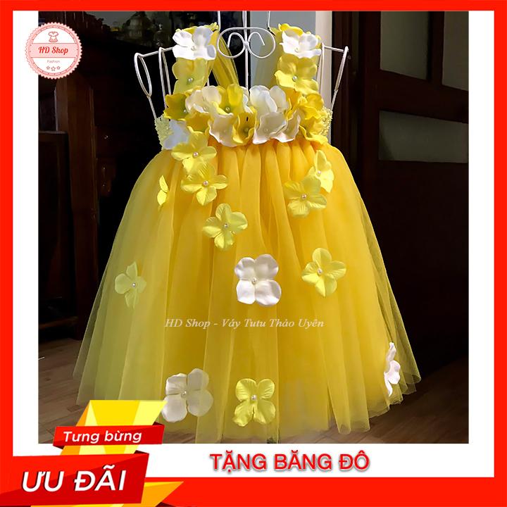 Váy cho bé vàng tú cầu trắng vàng 2 quai hoa [TẶNG BĂNG ĐÔ, CÀI TÓC]