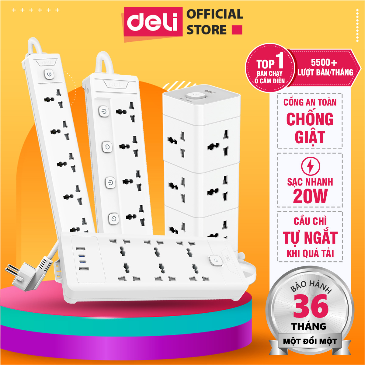 Ổ Cắm Điện Đa Năng DELI, 2-12 Ổ Cắm, Ổ Cắm Vuông, Hình Tháp Có Cổng USB & Type C Sạc Nhanh Cho Điện Thoại, Chiều Dài 2-5M Thiết Kế Cầu Chì Tự Ngắt Khi Quá Tải Nguồn Điện, An Toàn, Chống Cháy Nổ, Nắp Chống Giật Điện, Ổ Cắm Ổ Điện Cho Gia Đình, Văn Phòng