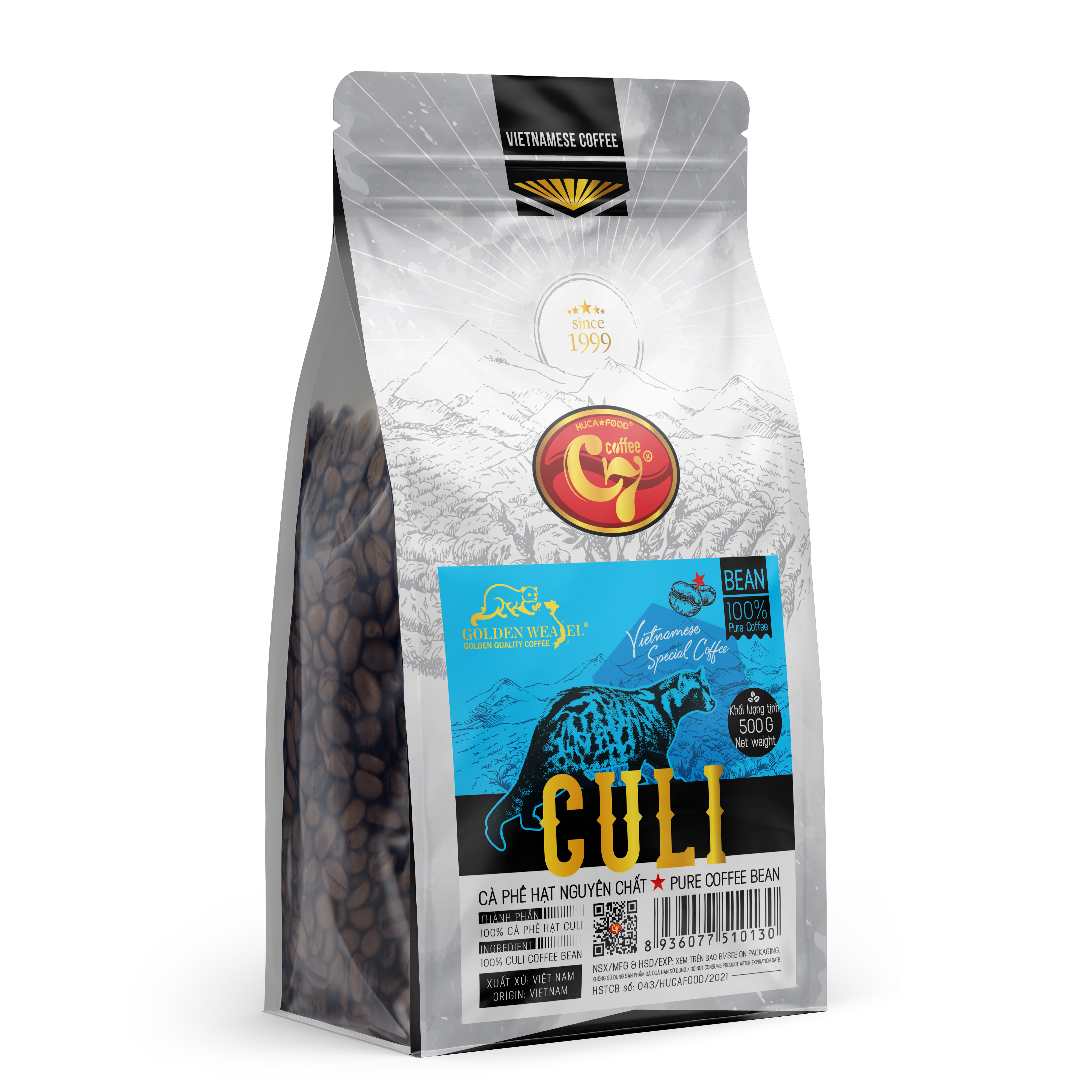 Cà phê hạt culi rang mộc 100% túi 500gr - con chồn vàng