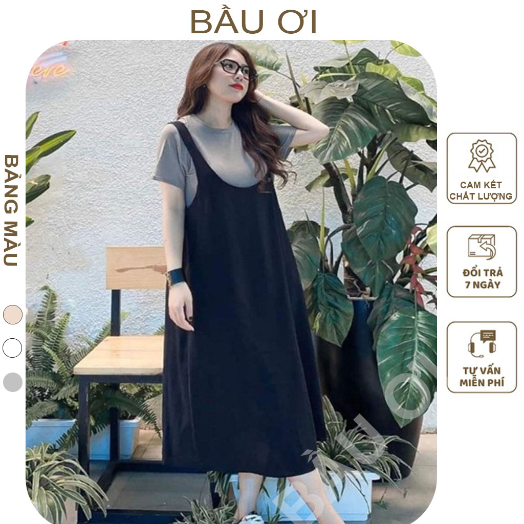 Đầm bầu công sở thời trang hàn quốc - váy bầu yếm kèm áo chất đũi hàn thoáng mát trẻ trung free size đến 75kg