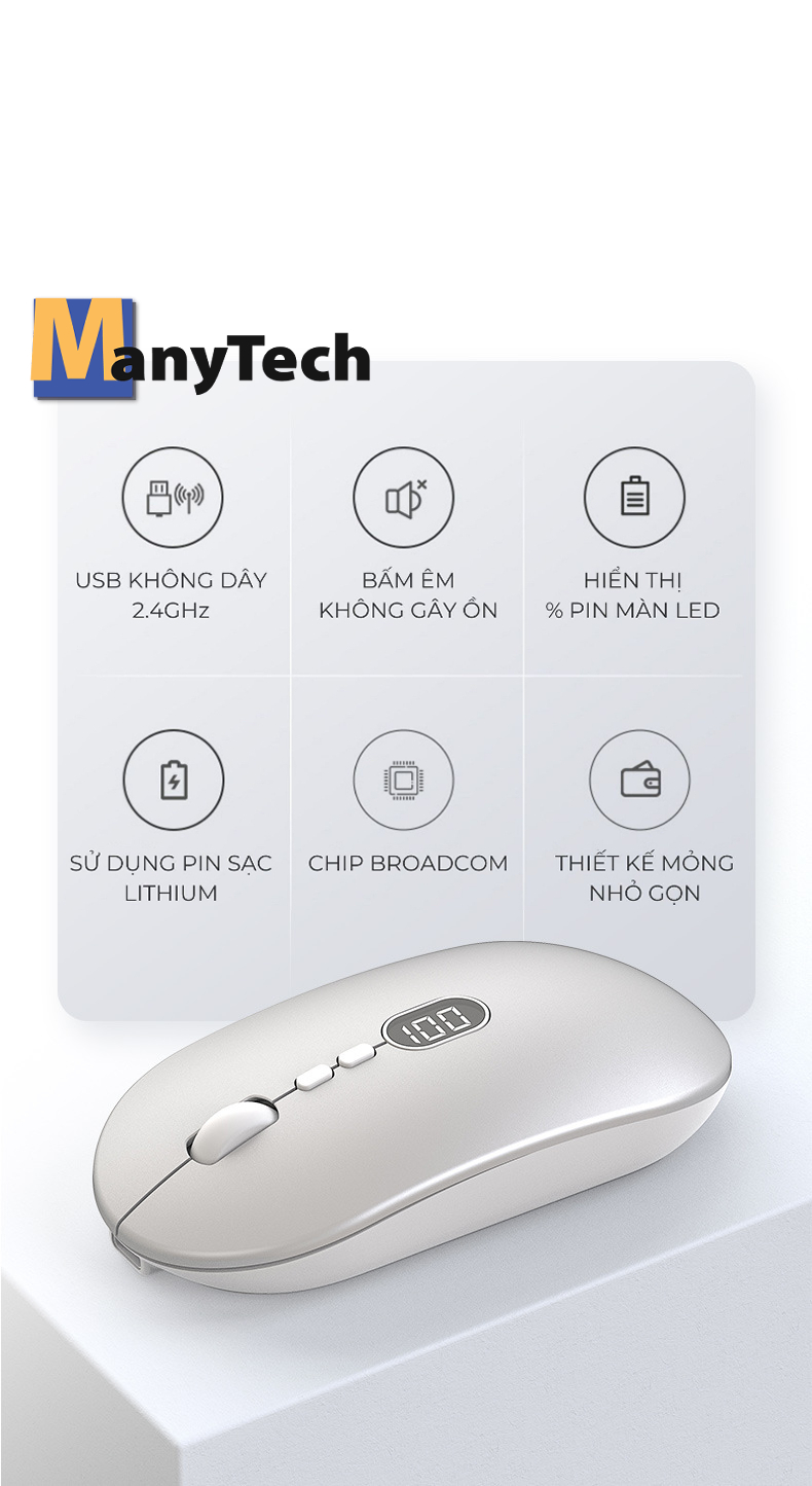 Chuột Không Dây Vi Tính Máy Tính Laptop ManyTech X1 Mouse Led Hiển Thị Pin
