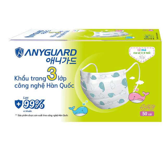 Khẩu trang y tế trẻ em ANYGUARD an toàn cho bé, sản xuất theo công nghệ Hàn Quốc [hộp 50 cái] cho bé từ 3-8 tuổi 베이비 마스크