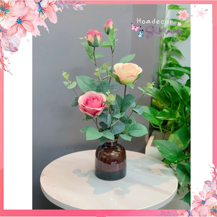 Hoa Giả Hoa Lụa- Lọ Hoa Hồng Trang Trí Cắm Sẵn Giống Thật 99%