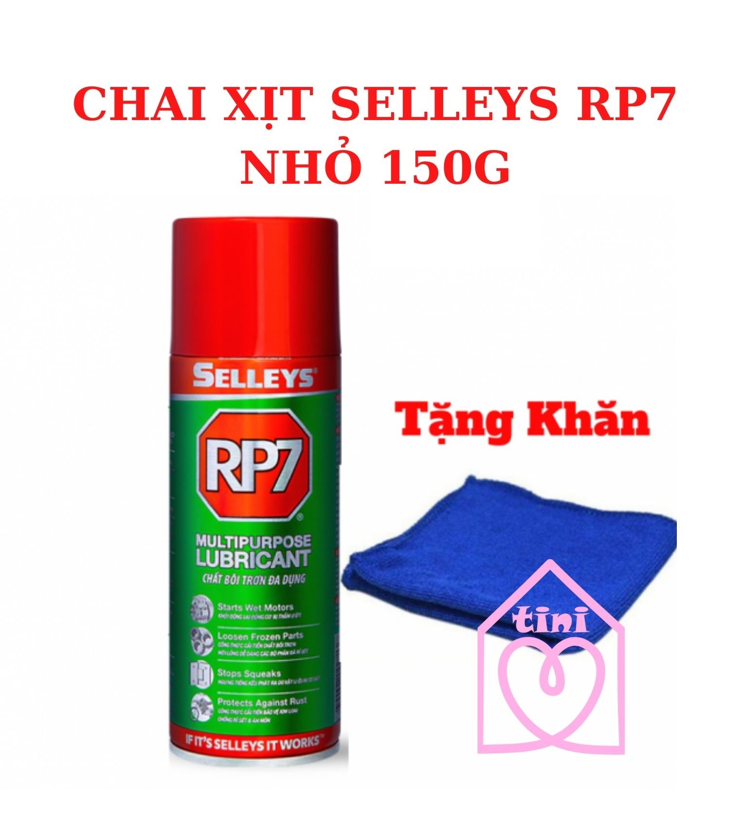 CHAI XỊT SELLEYS RP7 NHỎ 150G tặng kèm khăn đa năng, Chai xịt chống rỉ sét-bôi trơn đa dụng RP7 cao cấp, dung dịch rửa sắt thép inox nhôm, thắng đĩa xe máy ô tô, chìa khóa ổ khóa, bu-lông ốc vít, bản lề xích kim loại TINI SHOP HCM