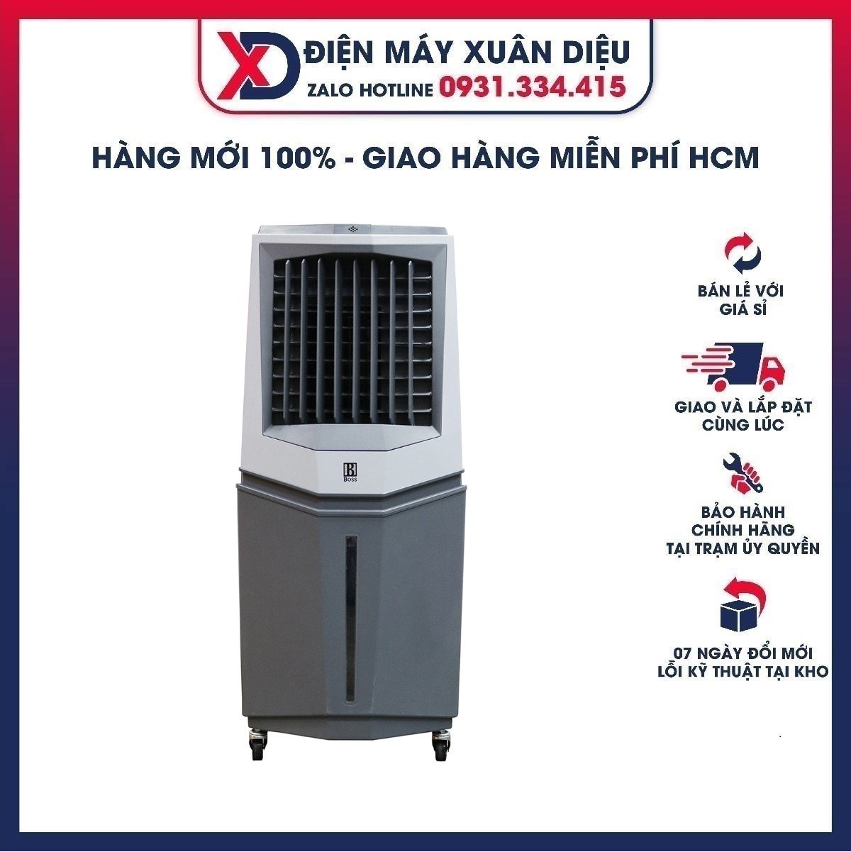 Quạt làm mát không khí Boss FEAB-409-G Gồm 3 tốc độ gió đi kèm điều khiển từ xa tạo ion âm diệt vi khuẩn trong không khí
