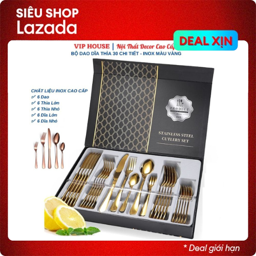 Bộ Dao Dĩa Thìa Ăn Bít Tết, Combo Dao Dĩa 30 Chi Tiết Phong Cách Phương Tây Chất Liệu Inox Màu Vàng Bạc - Quà Tặng Tân Gia Sang Trọng
