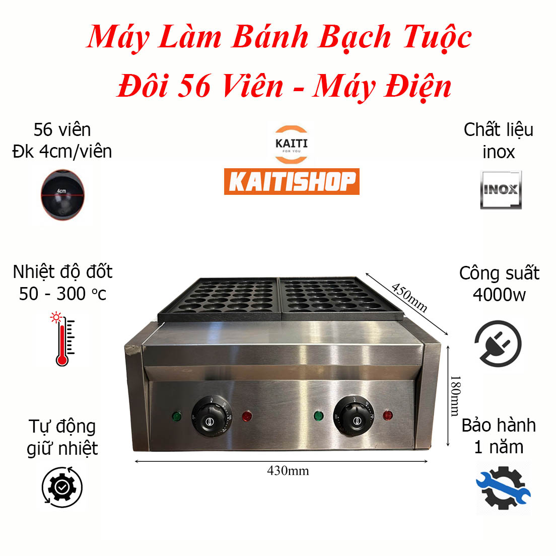 Máy Làm Bánh Bạch Tuộc Đôi, Bánh Takoyaki Công Nghiệp Sử Dụng Điện - Bảo Hành 12 tháng