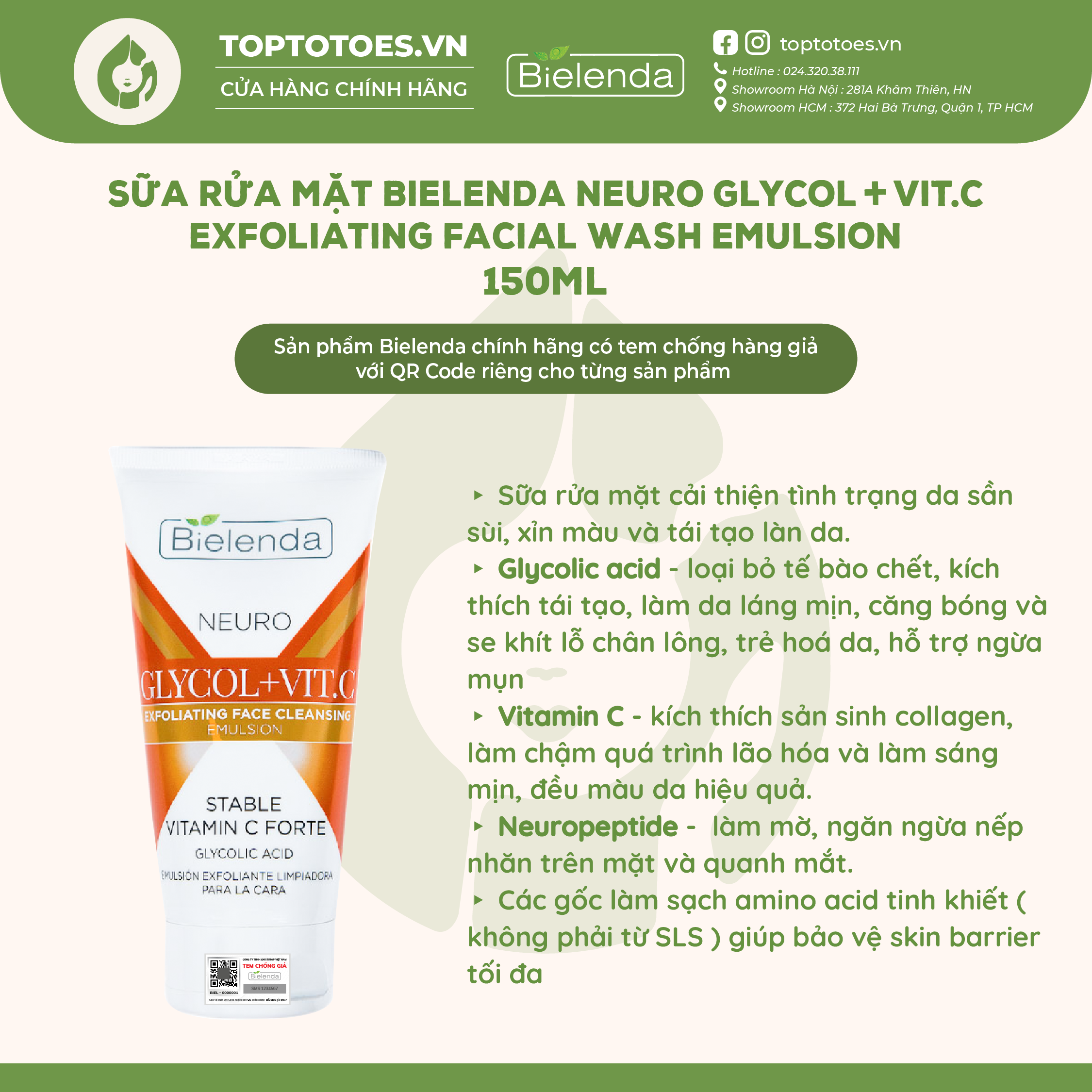 Sữa rửa mặt Bielenda Neuro Glycol + Vit.C Exfoliating Facial Wash Emulsion làm sạch và dưỡng sáng da