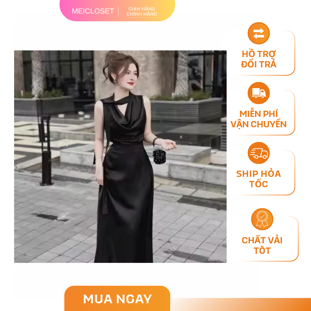 Váy Thiết Kế Chất Lụa Dáng Dài Kèm Dây Nơ Cổ Sang Trọng đầm  lụa váy  tua  rua  dáng  dài, đầm đen dài đi đám cưới
