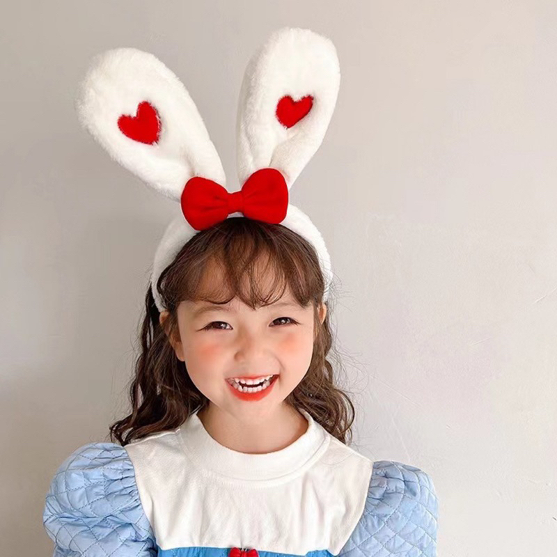 Bờm bông tai thỏ gắn nơ và trái tim cute