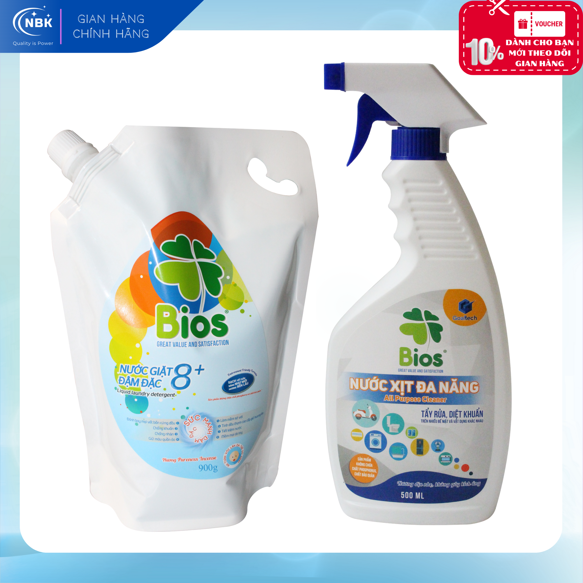 Bộ 02 sản phẩm bios: nước tẩy rửa đa năng bios chai 500ml và nước giặt quần áo siêu sạch, thơm lâu, mềm vải, giữ màu bios đậm đặc 8+ hương pureness incense túi 900g