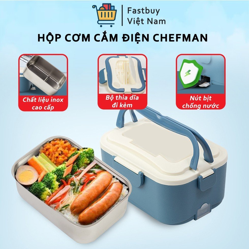 Hộp cơm cắm điện hâm nóng chefman - hộp cơm 112i ruột inox 304 đa năng + tặng túi đựng & bộ đũa thìa