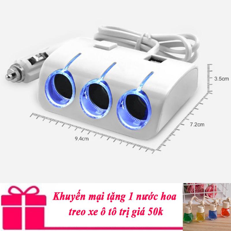 Bộ sạc chia tẩu 3 cổng và 2 cổng USB trên ô tô - Tặng 1 nước hoa treo tô tô