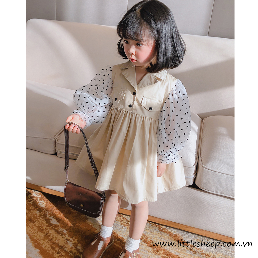 Đầm xếp ly thanh lịch chấm bi tay áo lưới phồng