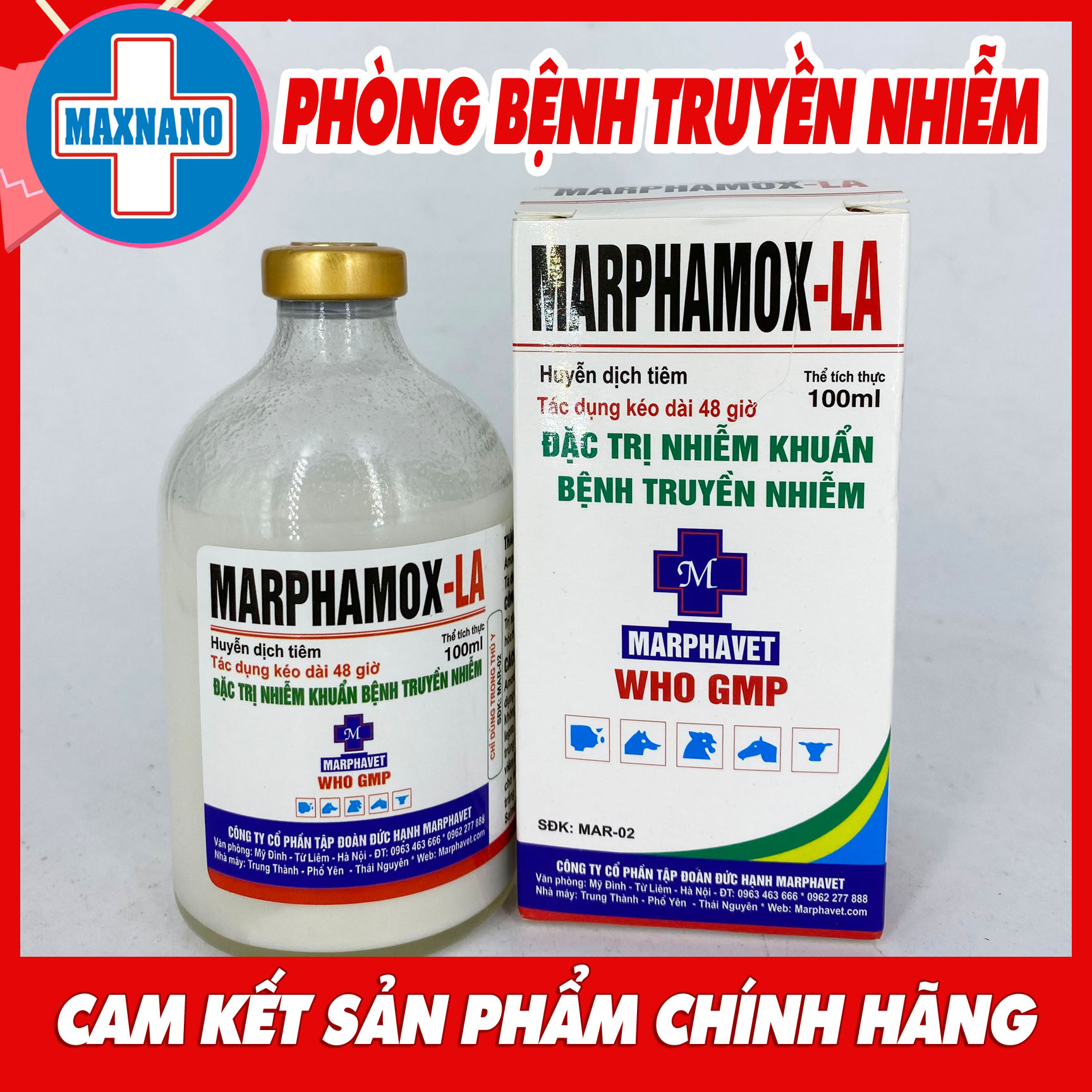 MARPHAMOX-LA 20ml Phòng, ch.ữa các bệnh viêm đường hô hấp, tiêu hóa, tiết niệu trên heo, trâu, bò, chó, mèo, thú cảnh