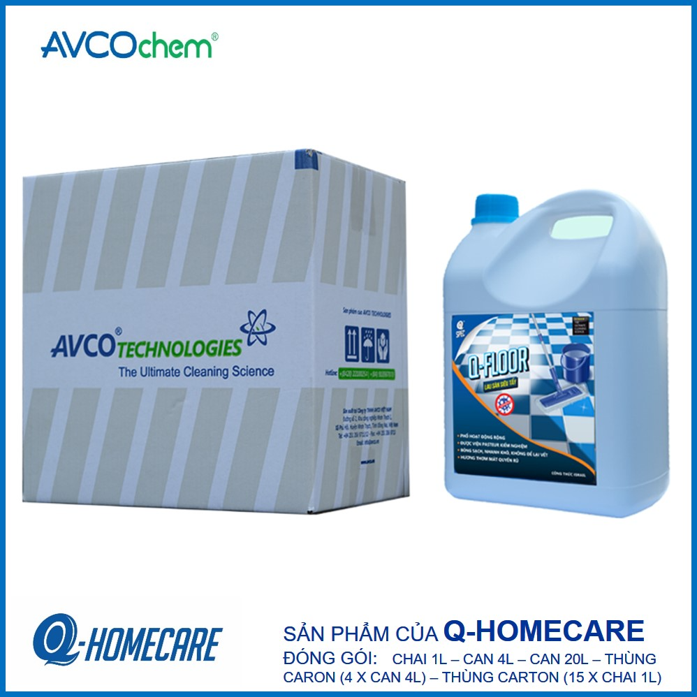 Nước lau sàn sạch khuẩn Q-Floor thùng carton (4 x can 4 lít) - Avcochem - Q-Homecare, tiêu diệt hữu hiệu 99,99% các vi khuẩn, đạt chứng nhận của Viện Pasteur về khử khuẩn