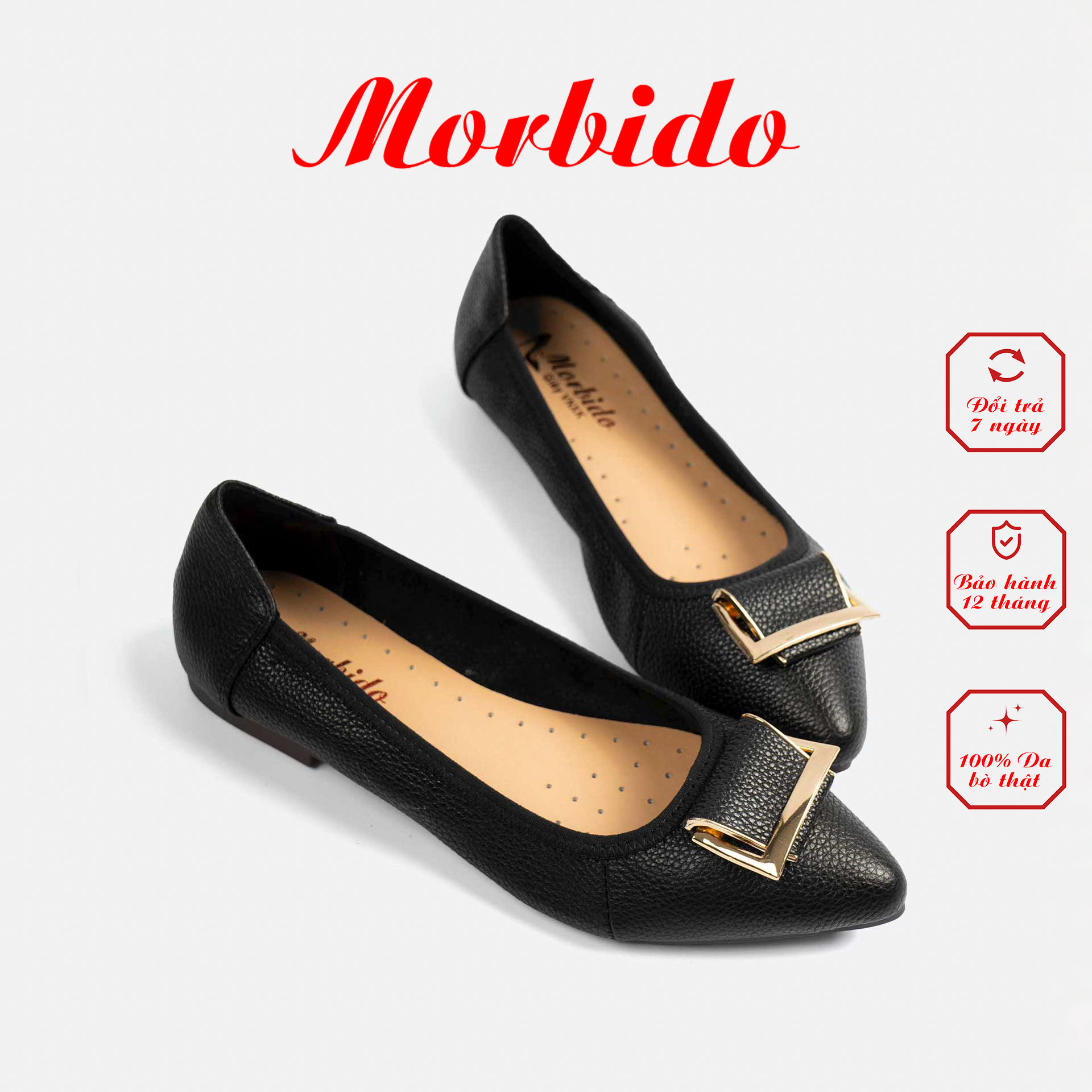 Giày Búp Bê Đế Bệt Da Bò Thật Mũi Nhọn Gắn Khóa Morbido M103