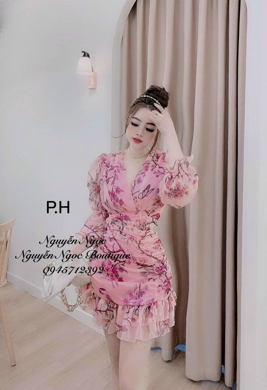 Đầm nữ, đầm lụa hoa cổ chéo tay phồng