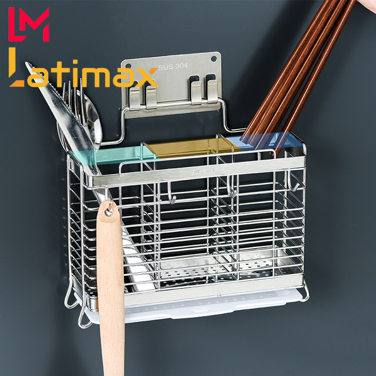 Ống đựng đũa thìa dĩa 3 ngăn Inox 304 Latimax K9 dán tường không khoan đục - Kệ nhà bếp sáng bóng, bền đẹp, chống han gỉ