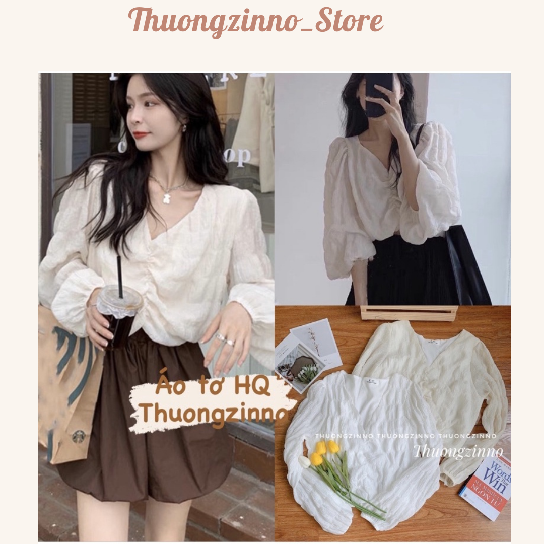 Hàng thiết kế]áo sơ mi nhún ngưc nàng thơ bồng bềnh nữ tính áo croptop cổ v thiết kế bồng bềnh