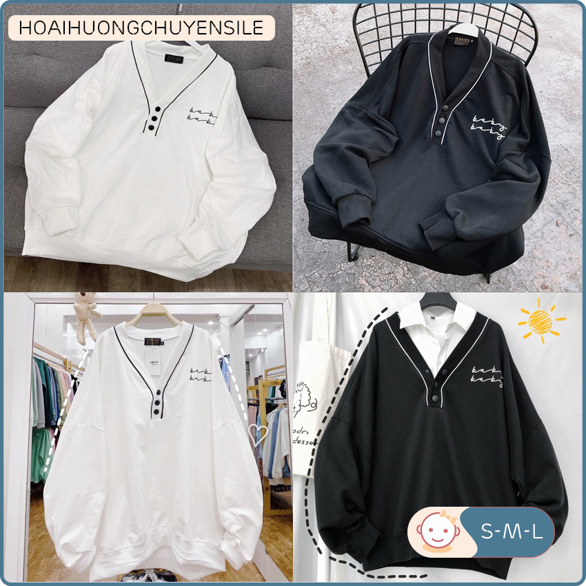 Áo Nỉ Nữ Cổ Chữ V Chữ Kí H&H CLOTHES - Áo Nỉ Ulzzang Tay Dài Form Rộng -Áo Nữ Kèm Ảnh Thật