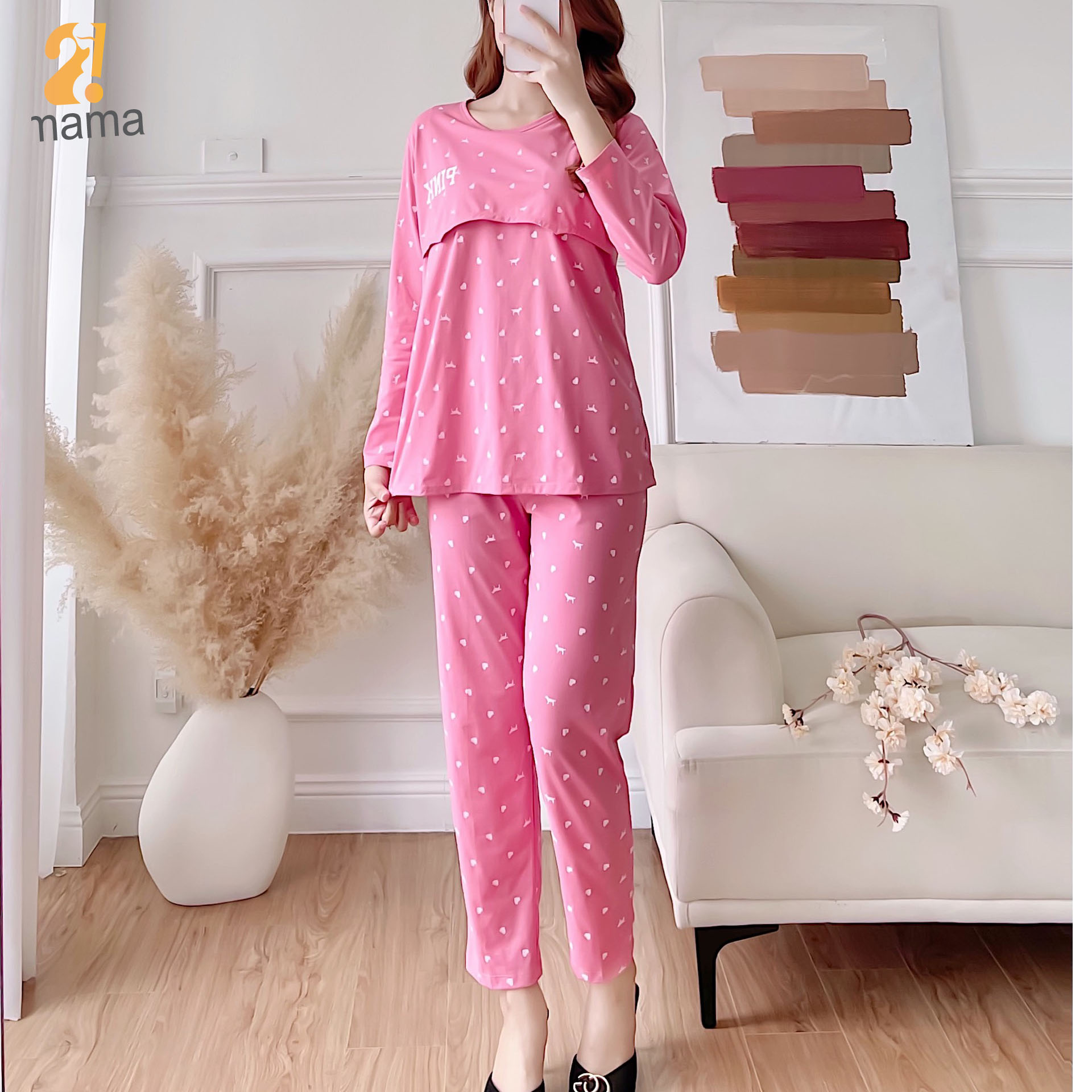 Bộ bầu và cho con bú sau sinh dài tay pink, chất cotton cao cấp cho mẹ bầu mặc nhà có nắp mở cho con bú A008