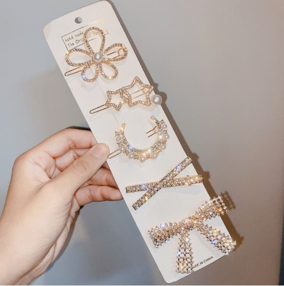 Set 5 kẹp tóc, ghim cài tóc đính đá nhiều màu sang chảnh.