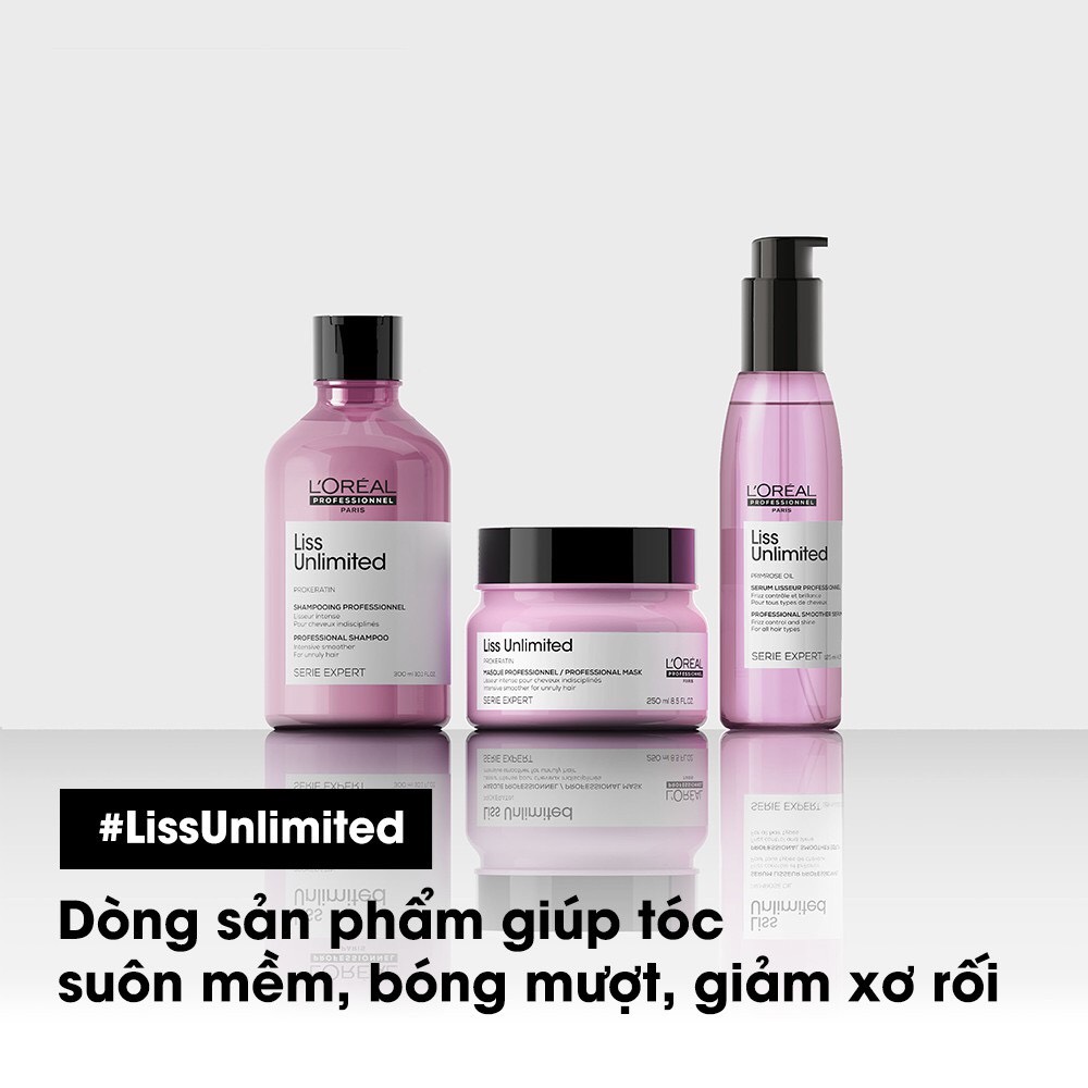 Combo dầu gội 300ml, hấp dầu 250ml, tinh dầu dưỡng 125ml chăm soc tóc thẳng, tóc duỗi, tóc dễ xơ rối Loreal Liss Unlimited