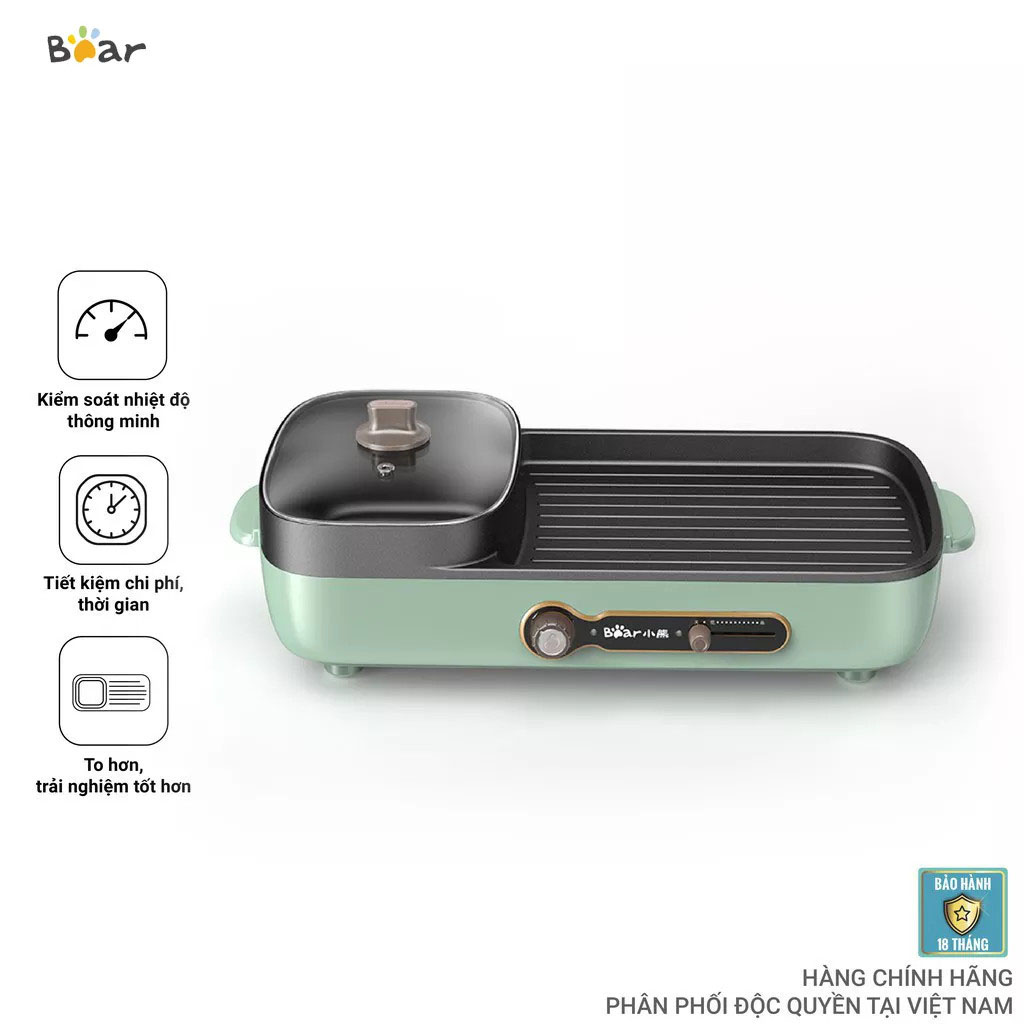 Mua bếp nướng điện đa năng, nồi lẩu điện, bếp lẩu nướng đa năng bear dkl-c15g1, đa năng - làm đủ món từ nướng, lẩu cho tới chiên, xào, hầm, luộc, áp chảo, thiết kế bếp đôi, ngăn lẩu có dung tích 3l, chống dính.