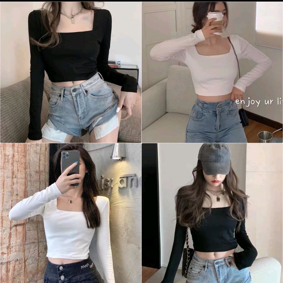 Áo croptop tay dài cổ vuông - áo thun dài tay cổ vuông
