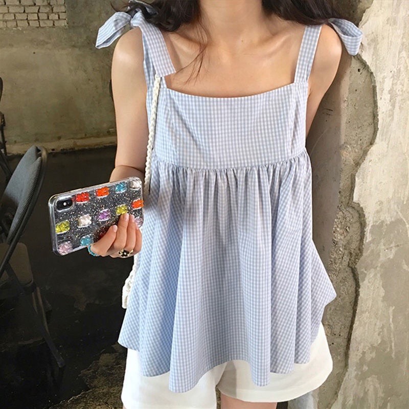 Set áo babydoll kẻ caro 2 dây buộc nơ kèm quần short ống suông/ Set quần áo nữ mùa hè thời trang hàn quốc - kudoshop