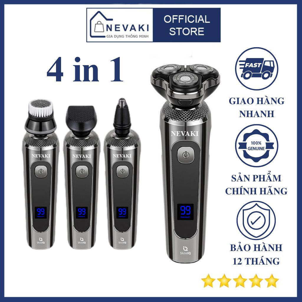 Máy cạo râu đa năng 4 in 1 NEVAKI 3 lưỡi kép tự mài sắc, cạo sát sạch êm, chống nước IPX7, màn hình hiển thị LCD, tặng chân đế máy cạo râu