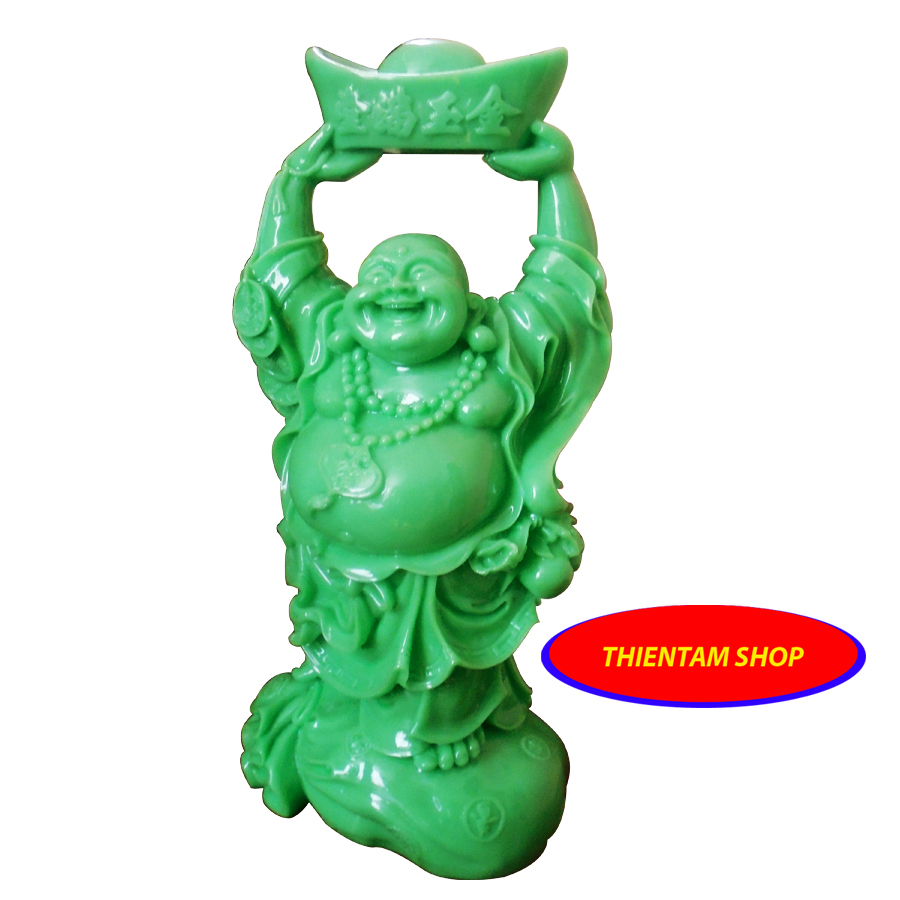 Tượng phật di lặc bằng đá poly nâng vàng màu xanh ngọc NVX48