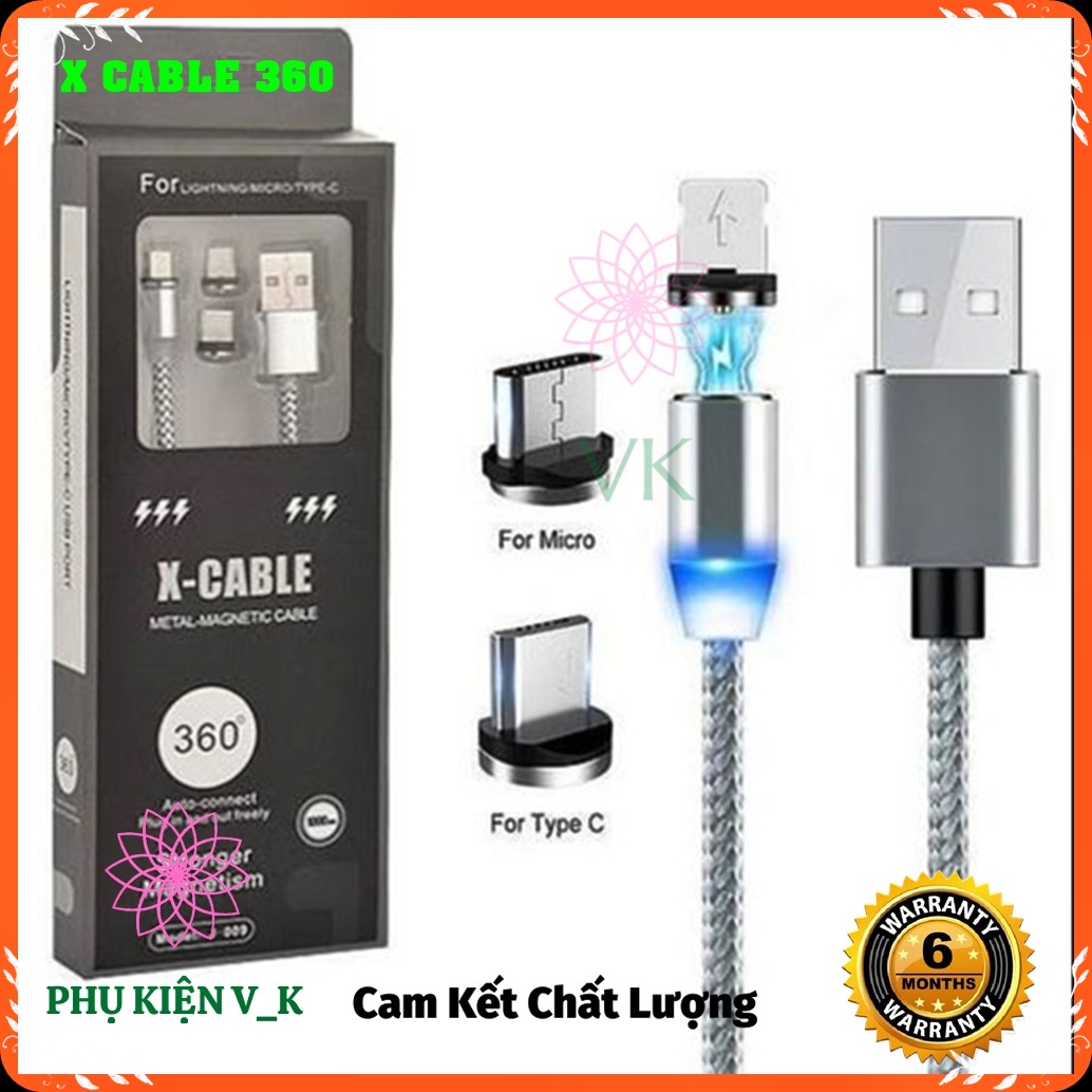 Cáp sạc nam châm 360 độ X-Cable 3 trong 1, dành cho iphone + Samsung + Usb Type C. bọc dây dù siêu bền, sạc cực nhanh và ổn định