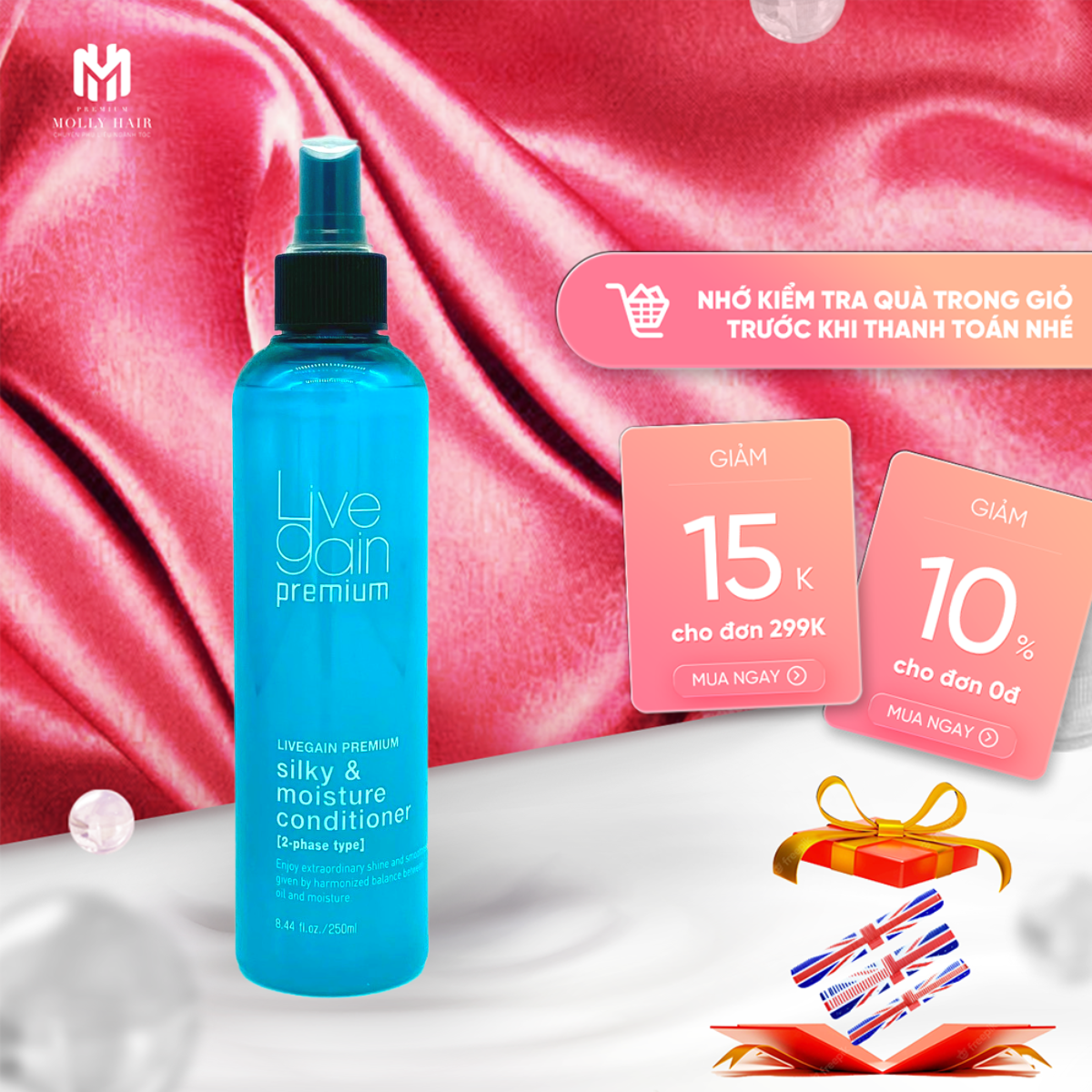 Xịt dưỡng tóc cao cấp siêu mượt MollyHair thương hiệu Livegain, cấp ẩm và duy trì độ đàn hồi cho tóc 250ml