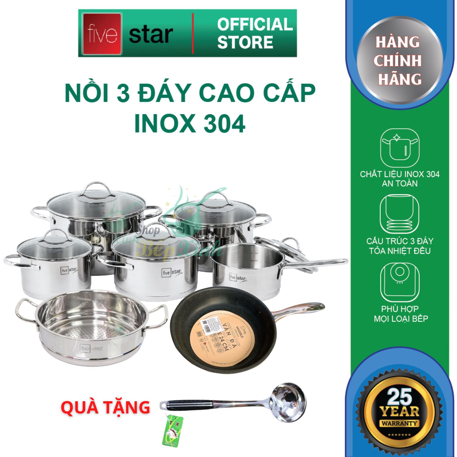 Bộ nồi quánh 3 đáy inox 304 FiveStar Plus kiểu Silit 5 chiếc nắp kính - sử dụng bếp từ-bảo hành 25 năm , tặng 1 vá canh ( quánh 16cm x nồi 16cm x 2 nồi 20cm x 1 nồi 24cm )