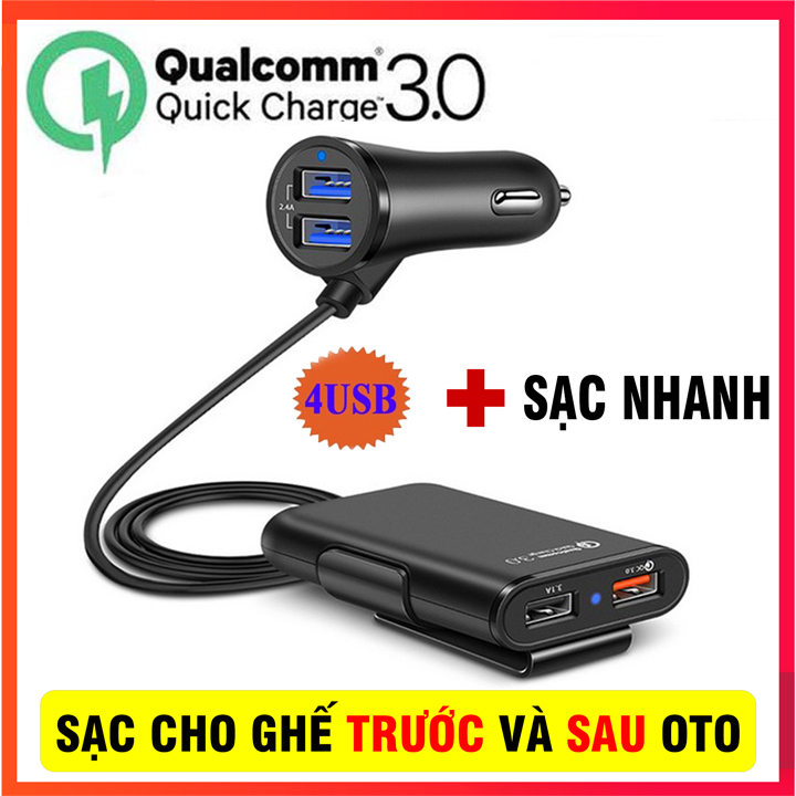 Củ sạc nhanh qc3.0 dành cho ô tô 4 cổng sạc, tẩu sạc ô tô sạc nhanh qc3.0