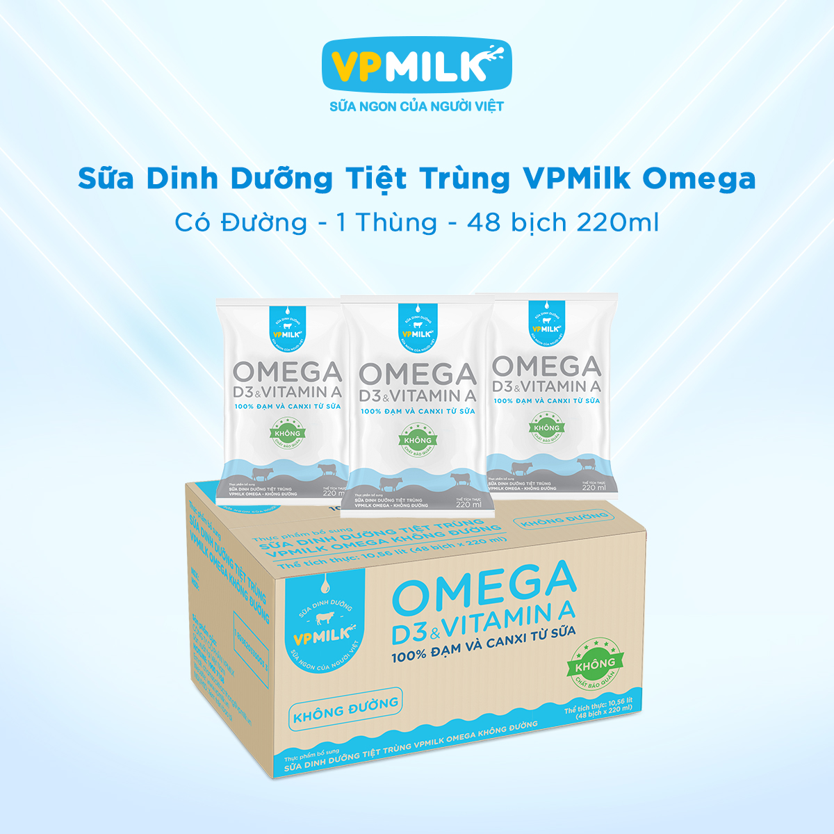 [HỎA TỐC TẠI TPHCM] Sữa Dinh Dưỡng Tiệt Trùng VPMilk Omega Không Đường (thùng 48 bịch 220ml)