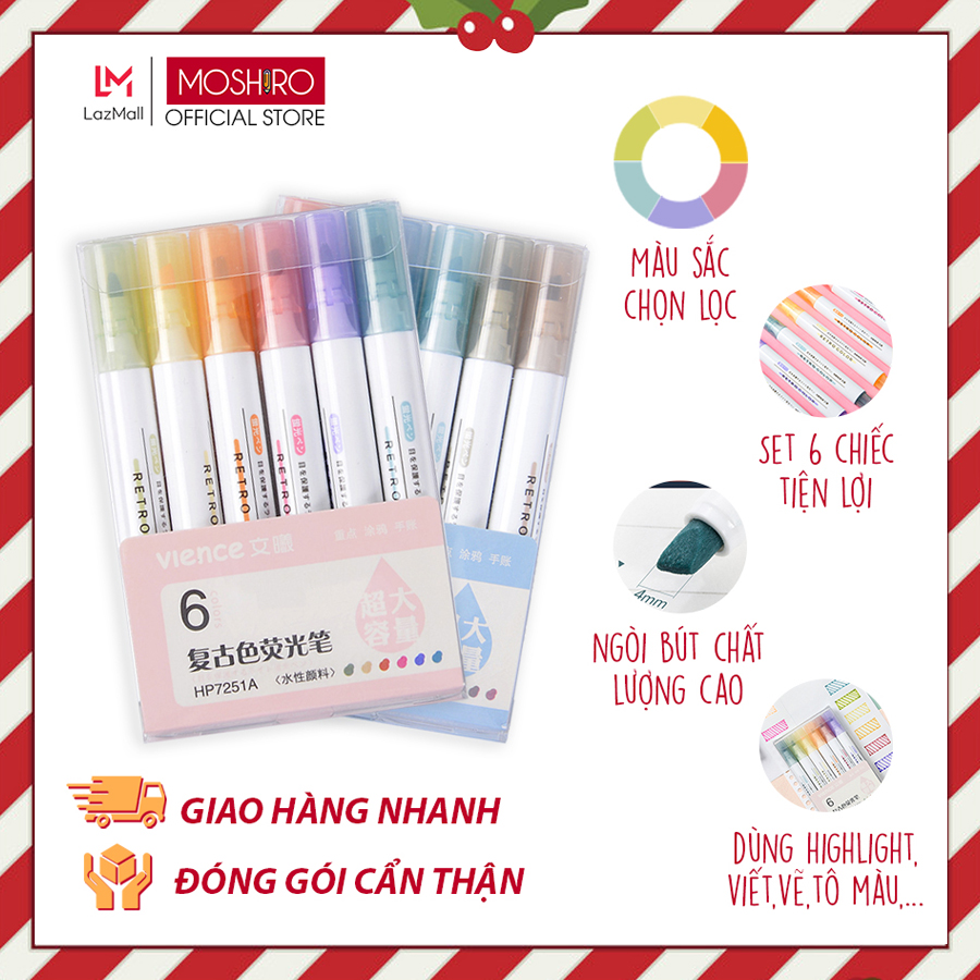 Set 6 Bút Highlight dạ quang Moshiro nhớ dòng hỗ trợ ghi chú, đánh dấu tiện dụng nhiều màu