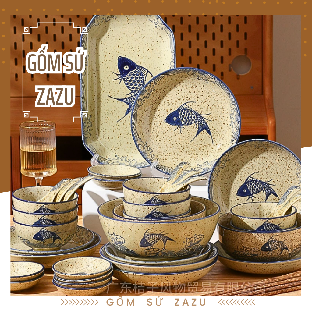 Bộ bát đĩa hình cá gốm sứ zazu, bộ chén dĩa cao cấp phong cách nhật bản