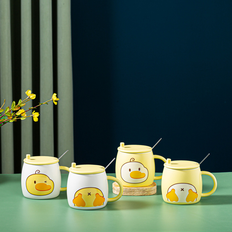 Cốc ly sứ Vit vàng ló đầu, ló mông kèm nắp, thìa cute Cốc Cốc dùng để uống nước, pha trà, pha cafe, quà tặng bạn bè