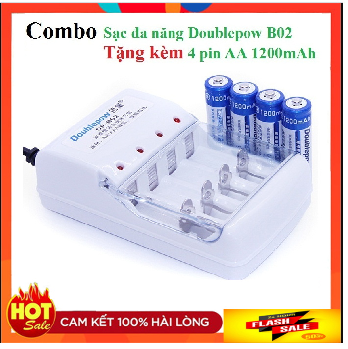 Bộ sạc đa năng B02 Tặng kèm 4 Pin tiểu sạc AA 1200mAh Doublepow