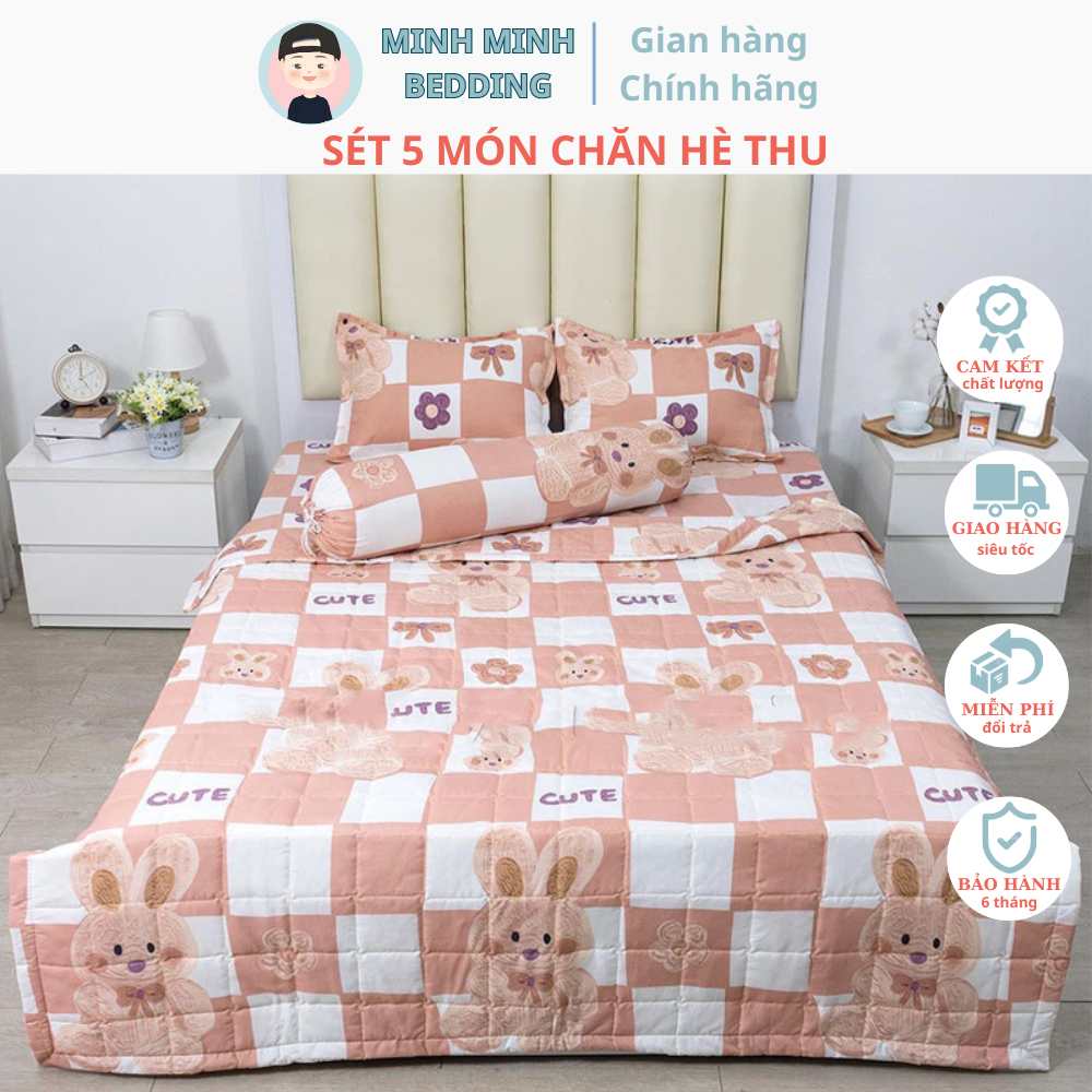 (Xả Kho giá rẻ) Sét 5 món Chăn Hè, Mền Hè kèm 1 Ga bo chun, 2 vỏ gối nằm và 1 vỏ ôm mẫu THỎ CARO CAM, vải Cotton Poly cao cấp - MinhMinh Bedding