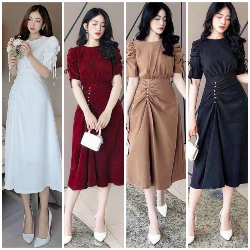Đầm tay rút nút trắng 4 màu
