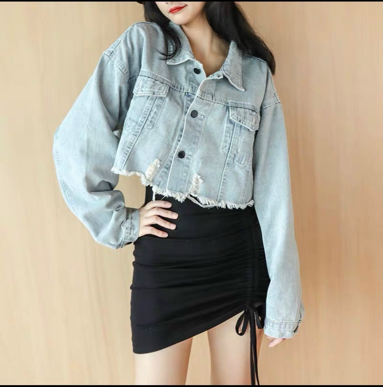 Áo khoác jean nữ form lửng rách xịn sò-jt