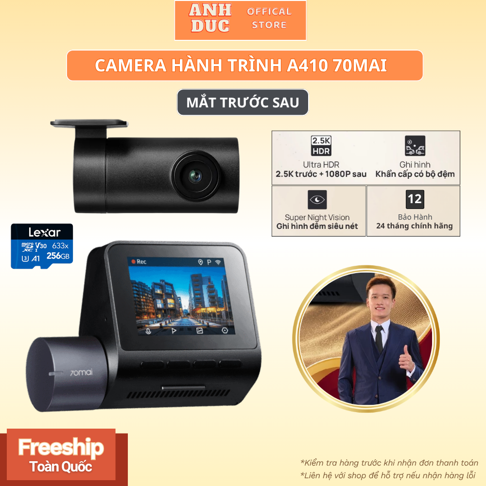 70Mai A410 2.5K Hdr Dash Cam with Super Sharp Front and Rear Eye-Catching Video Recording, 24-Hour Parking Monitoring with Integrated Gps Location Giá 2,061,180 Đồng*Miễn phí vận chuyển